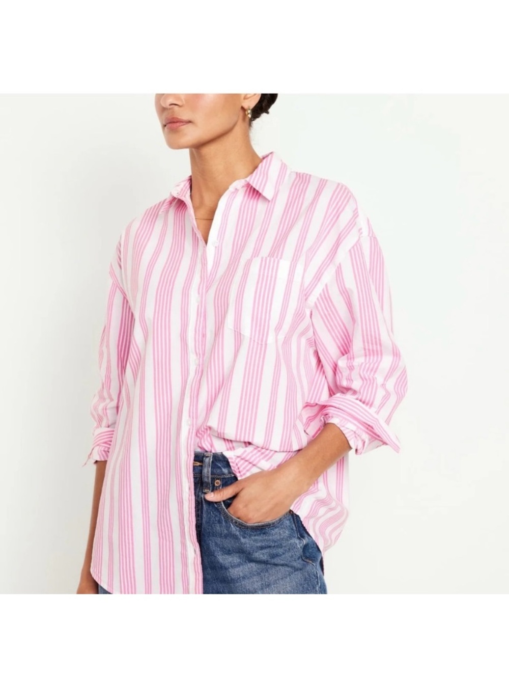 Old Navy Pink and White Stripe The Boyfriend Fit Relaxed Button Down Shirt XL